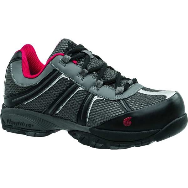Nautilus Safety Footwear Men's Athletic Shoe, Steel Toe, Leather, Mesh Upper, Rubber Outsole, Lace Up, Gray/Red, 10 1/2 Wide - N1343 10.5W