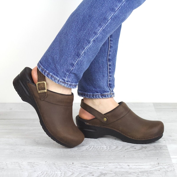 Sanita MORSE Women's Leather Open Back Clog in Antique Brown, Size 4.5-5, PR - 1200038-078-36