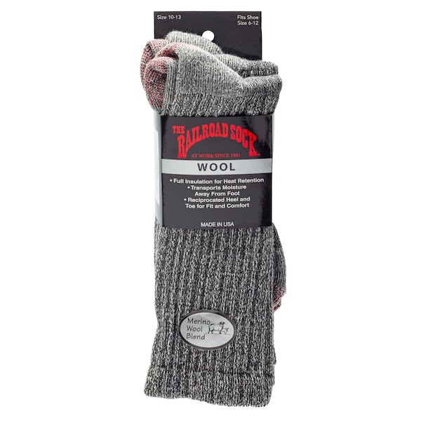 Railroad Sock Over-the-Calf Merino Wool Socks, Size 6-12 M, Grey/Red, 1PR - OD 213 OTC