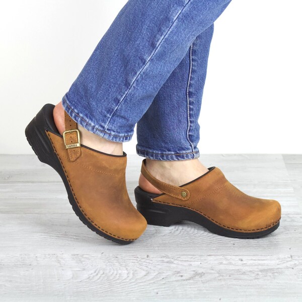 Sanita MORSE Women's Leather Open Back Clog in Chestnut, Size 5.5-6, PR - 1200038-003-37