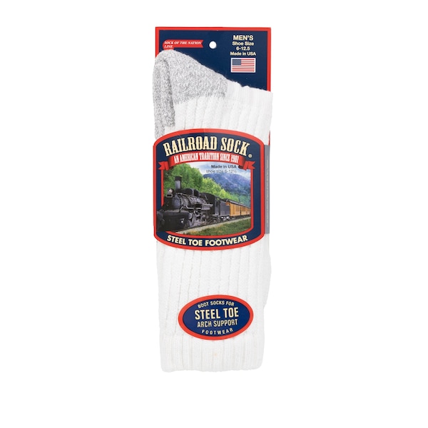 Railroad Sock Men's Steel Toe Boot Crew Socks, Size 6-12 M, White/Grey, 1PR - 6124