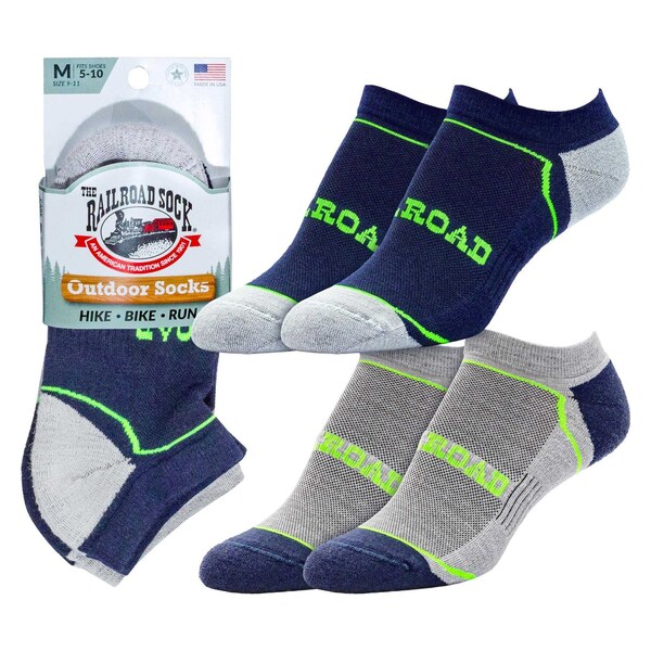 Railroad Sock Outdoor No Show Socks, Size 5-10 W/4-7.5 M, Navy/Lime, 2PK - OD291NSLI