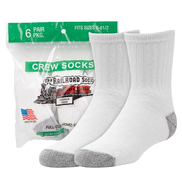 Railroad Sock Youth Crew Socks, Size 13-5Y, White/Grey, 6PK - 7080