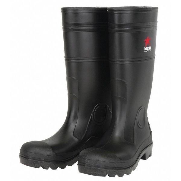 Mcr Safety PVC Plain Toed Boots, Plain Toe, PVC, 14 in Height, Pull On Closure, Cleated Sole, Black, 7 - PBP1207