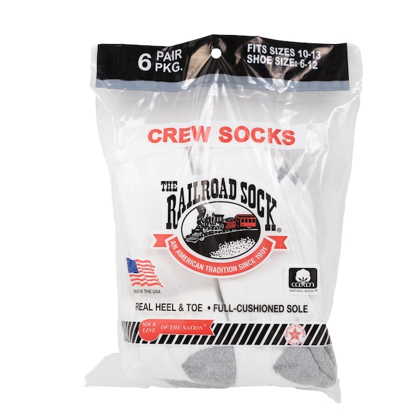 Railroad Sock Men's Crew Socks, Size 6-12 M, White/Grey, 6PK - 6090