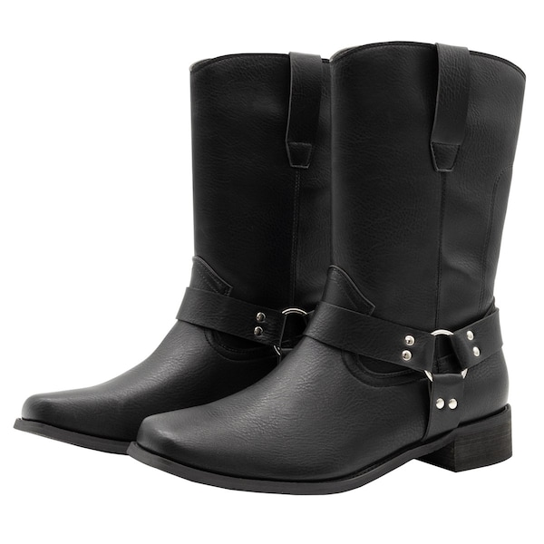 Searchers Black Cowboy Boots with Buckle for Western Style or Motorcycle Look - Large - SC200916BKL