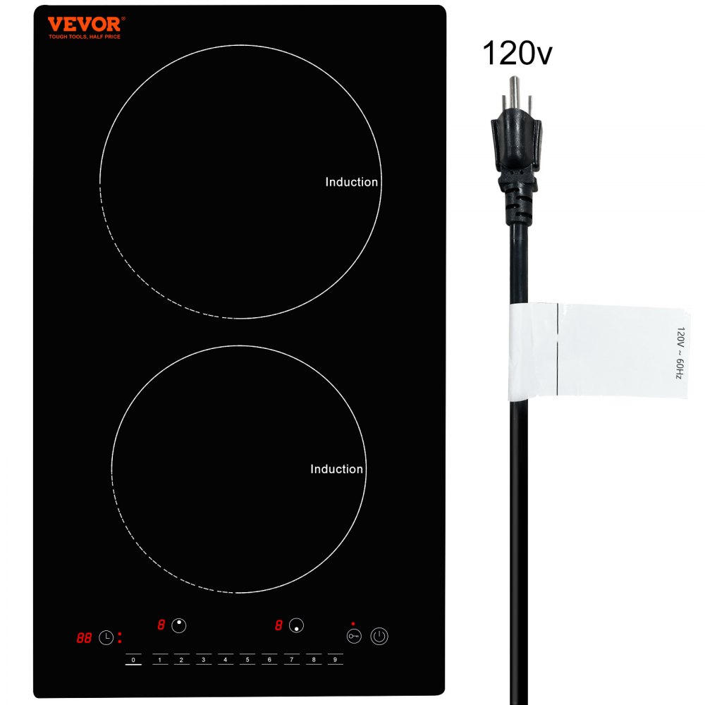 VEVOR Electric Cooktop, 2 Burners, 12'' Induction Stove Top, Built-in Magnetic Cooktop 1800W, 9 Heating Level Multifunctional Burner, LED Touch Screen w/ Child Lock & Over-Temperature Protection - QRSDC2121800W77EVV1