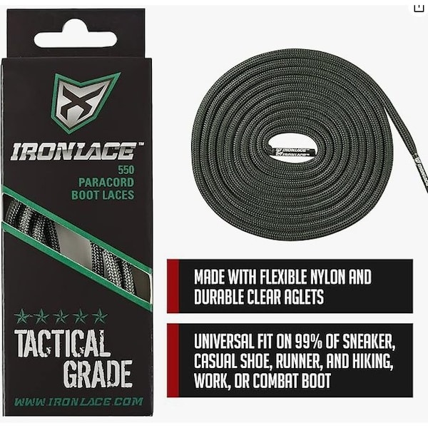 Ironlace Paracord 550 Shoelace, 63", Dark Green, PR1 - 550-63-05