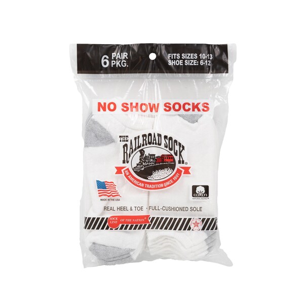 Railroad Sock Men's No Show Socks, Size 6-12 M, White, 6PK - 6066