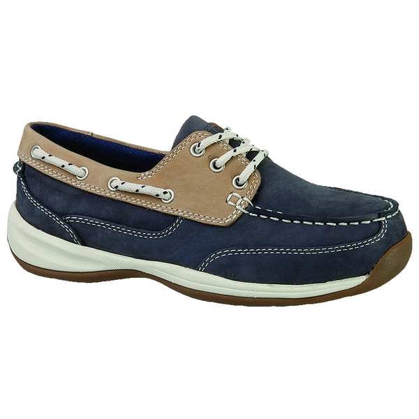 Rockport Works Women's Boat Shoe, Steel Toe, Leather Upper, Rubber Outsole, Lace Up, Navy Blue/Tan, 10 M - RK670