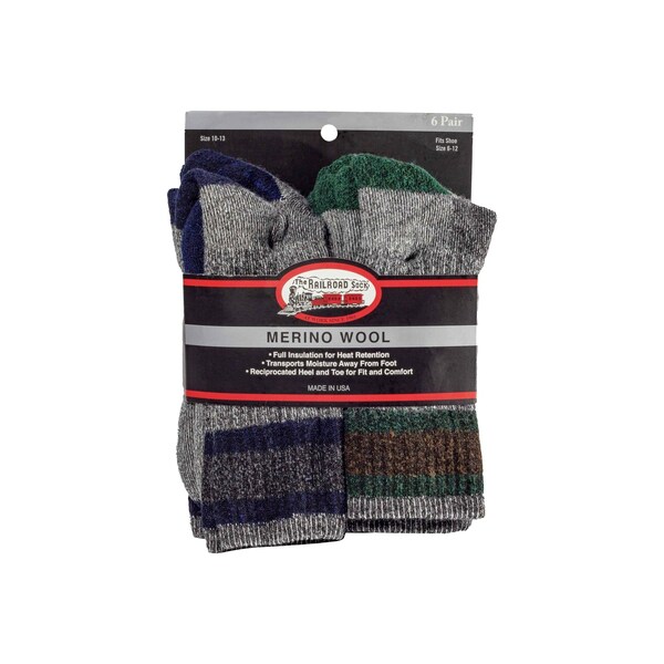 Railroad Sock Merino Wool Crew Socks 6pk, 6-12 M, Grey/Navy or Green/Brown, 6PK - 2846