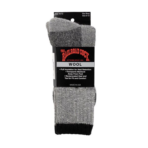 Railroad Sock Men's Wool Single-Stripe Boot Socks, Size 6-12 M, Grey/Black, 1PR - 2964 BK