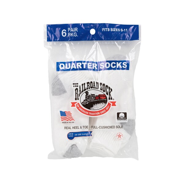 Railroad Sock Quarter Socks, Size 5-10 W/4-7.5 M, White/Grey, 6PK - 8092