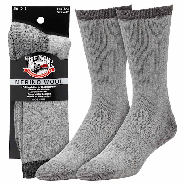 Railroad Sock Men's Merino Wool Crew Socks, Size 6-12 M, Grey, 1PR - 2965 GY