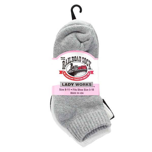 Railroad Sock Women's Quarter Socks, Size 5-10, Black/Grey/White, 3PK - 623