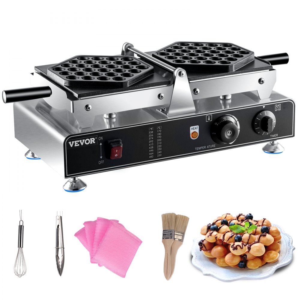 VEVOR Bubble Waffle Maker, 110V Electric Egg Waffle Maker, 1500W Hong Kong Egg Puff Machine w/2 Reversible Pans, Commercial Bubble Waffle Machine w/Non-Stick Teflon Coating, 122-572℉ Omelette Maker - DZHT-1106110VDMFHV1