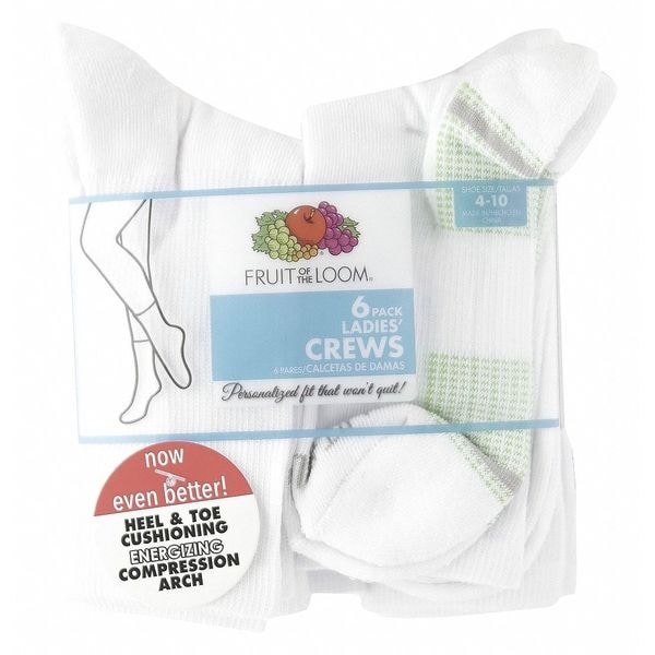 Fruit Of The Loom Socks, 8-1/2" H, Womens, Size S, PK6 - FRW10118C6CC001