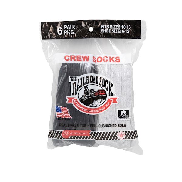 Railroad Sock Men's Assorted Crew Socks, Size 6-12 M, Black/Grey, 6PK - 6091
