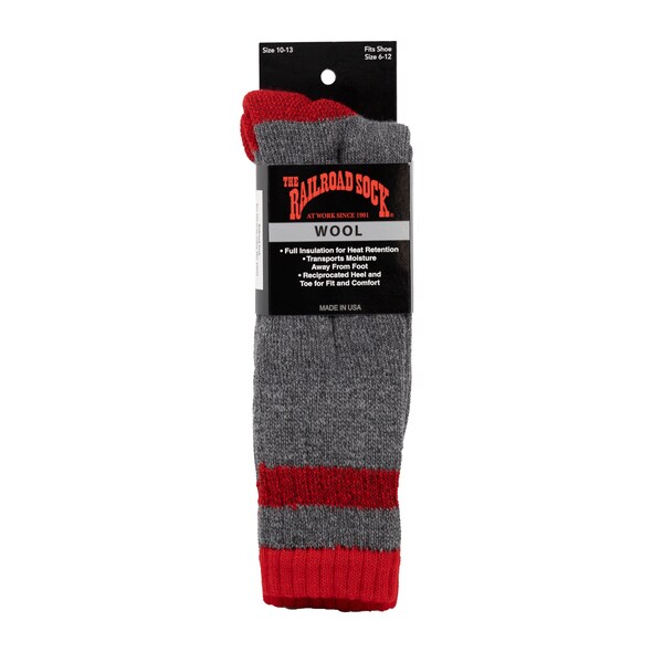 Railroad Sock Outdoor Wool Boot Socks, Size 6-12 M, Grey/Red, 1PR - 2962 RD