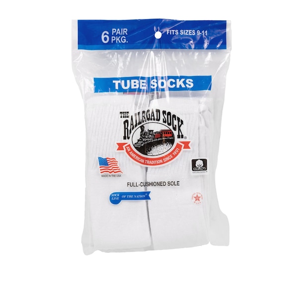 Railroad Sock White Tube Socks, Size 5-10 W/4-7.5 M, White, 6PK - 8020