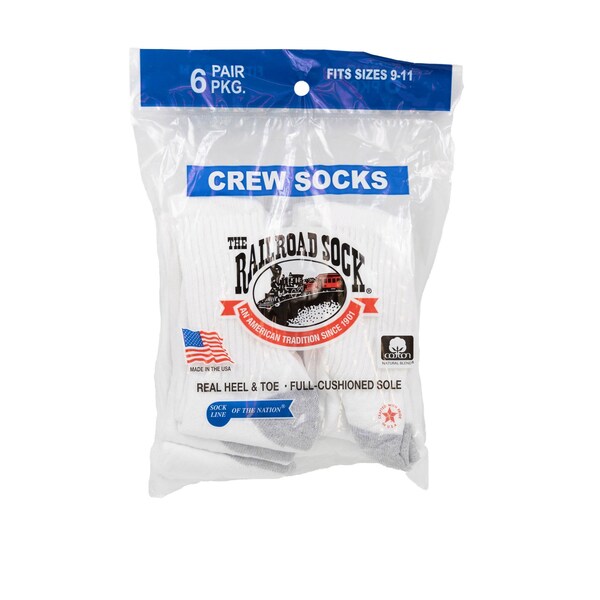 Railroad Sock Crew Socks, Size 5-10 W/4-7.5 M, White/Grey, 6PK - 8090