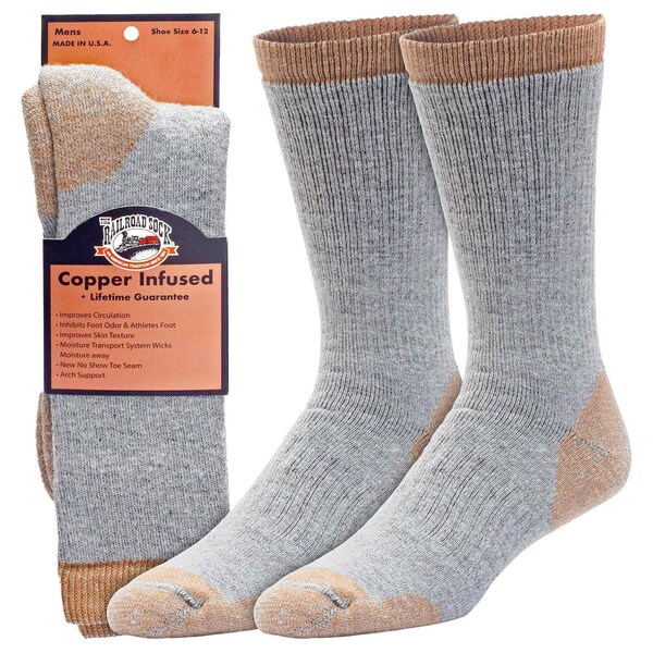Railroad Sock Men's Premium Copper Infused Crew Socks, Size 6-12 M, Grey/Copper, 1PR - 4010 GY