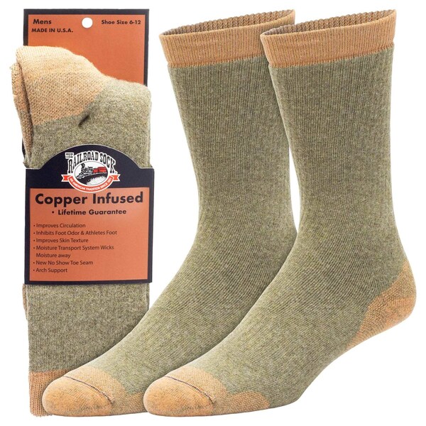 Railroad Sock Men's Premium Copper Infused Crew Socks, Size 6-12 M, Earth/Copper, 1PR - 4010 EA