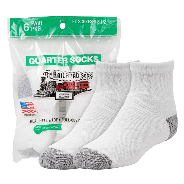 Railroad Sock Youth Quarter Socks, Size 13-5Y, White/Grey, 6PK - 7082