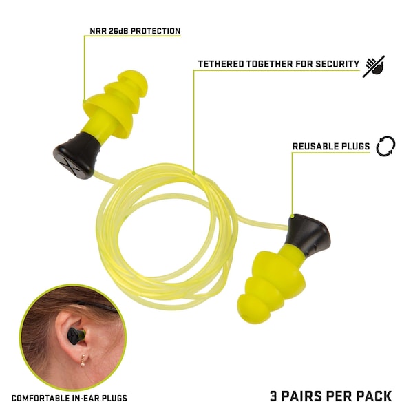 Ultrx Tethered Silicone Ear Plugs, Yellow, 6PK - 4118