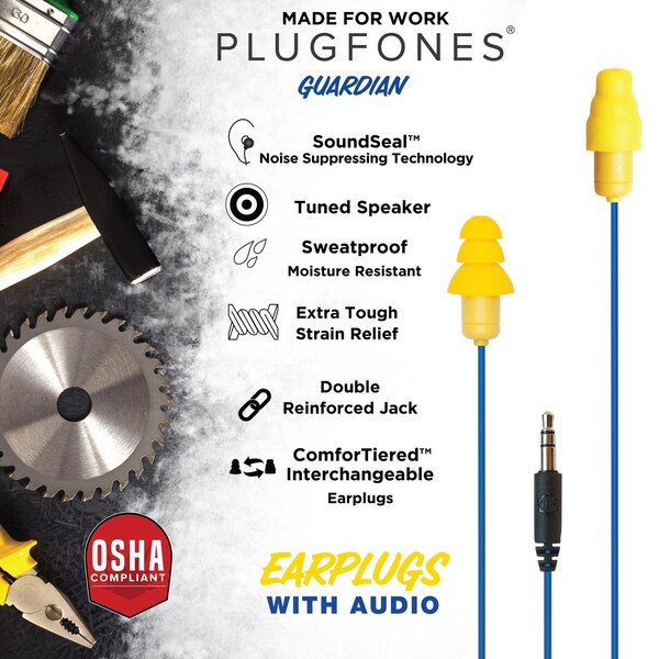 Plugfones Plugfones Guardian 29 dB Nylon/Silicone/Soft Foam 3.5 MM Jack Earplugs/Earphones Yellow 1 pair - PG-UY