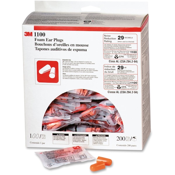 3M Disposable Uncorded Ear Plugs, Foam, Bullet Shape, NRR 29 dB, M, Orange, 200 Pairs - 29008