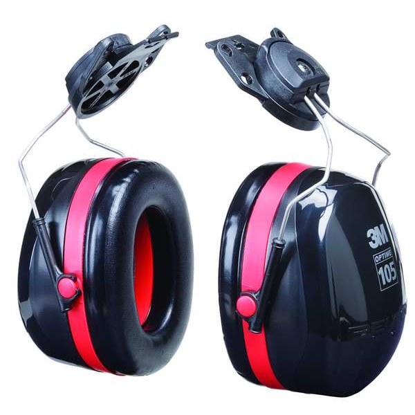 3M Peltor Peltor Optime 105 Hard Hat-Mounted Earmuffs, Passive Protection, NRR 27 dB, Foam, Black/Red - H10P3E