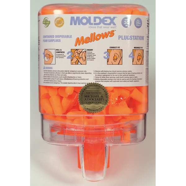 Moldex Disposable Uncorded Ear Plugs with Dispenser, Bell Shape, 30 dB, 250 Pairs, Orange - 6846