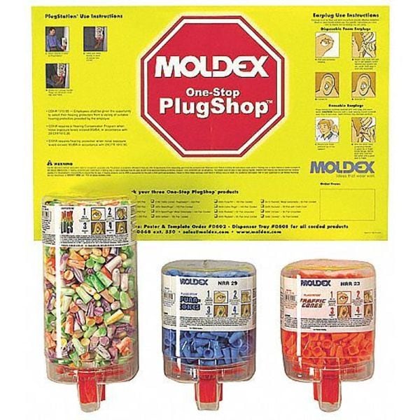 Moldex Disposable Uncorded Ear Plugs with Dispenser, Bullet Shape, 33 dB, 750 Pairs, Assorted Colors - 0604