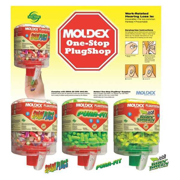 Moldex Disposable Uncorded Ear Plugs with Dispenser, Bullet Shape, 33 dB, 750 Pairs, Assorted Colors - 0604