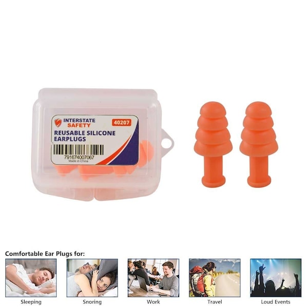 Interstate Safety Reusable Silicone Waterproof Ear Plugs, 32dB NRR, PK 200 - 40207BX