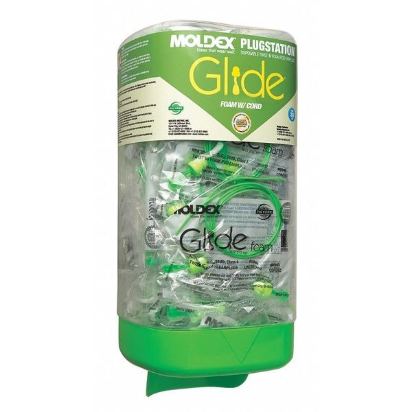 Moldex Glide Ear Plugs Dispenser with Refill, Corded, Pod Shape, NRR 30 dB, Hi-Vis Green, M, 150 Pairs - 6883