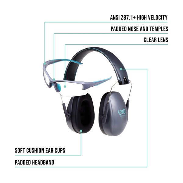 Girls With Guns Assure Protective Safety Glasses & Earmuffs Combo Set, Gray/Teal/Black - 2388