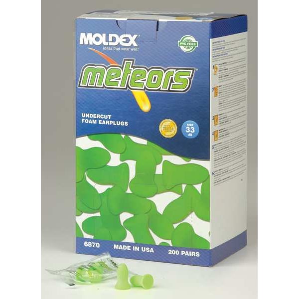Moldex Meteors(R) Disposable Foam Ear Plugs, Bell Shape, 33 dB, Green, 200 PK - 6870