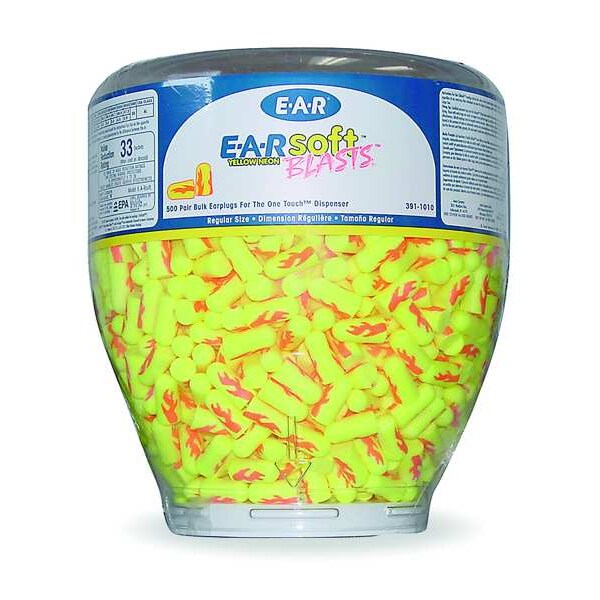 3M Disposable Uncorded Ear Plug Dispenser Refill, Cylinder Shape, 29 dB, 500 Pairs, Yellow - 391-1001