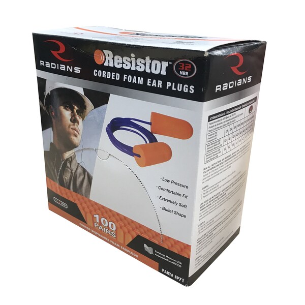 Radians Disposable Corded Ear Plugs, Bullet Shape, NRR 32, Orange - FP71