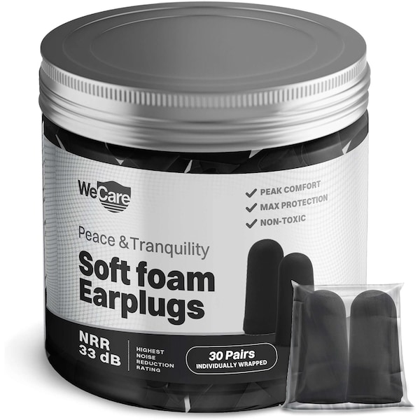 Wecare Foam Earplugs, 33 dB, Black, 30 PK - WMN100194