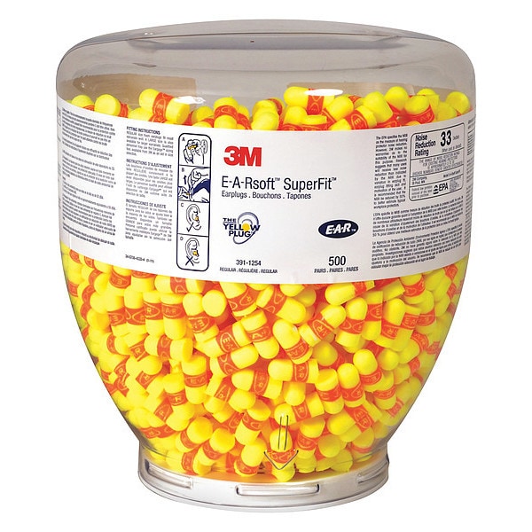 3M Disposable Uncorded Ear Plugs with Dispenser, Bell Shape, 33 dB, 500 Pairs, Yellow - 30FX19 45JW40
