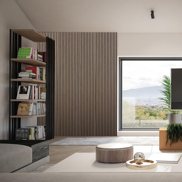 Ejoy Acoustic Slat Wood Wall Cladding Panel With Real Wood Skin Veneer, 94.5in x 24in x 0.8in - ACPRW003-GREYWALNUT