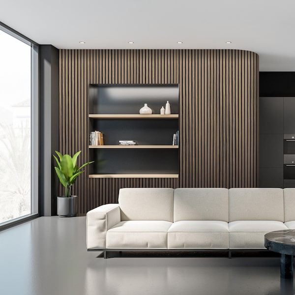 Ejoy Acoustic Slat Wood Wall Cladding Panel With Real Wood Skin Veneer, 94.5in x 24in x 0.8in - ACPRW005-GREYOAK