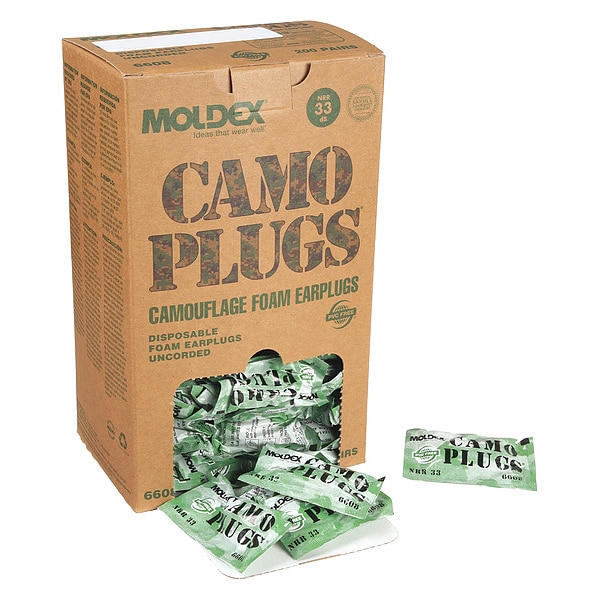 Moldex Camo Plugs(R) Disposable Foam Ear Plugs, Bullet Shape, 33 dB, Camouflage, 100 PK - 6609