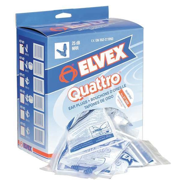 Delta Plus Quattro(TM) Reusable Rubber Vinyl Ear Plugs, Flanged Shape, 27 dB, Blue, 100 PK - EP-401