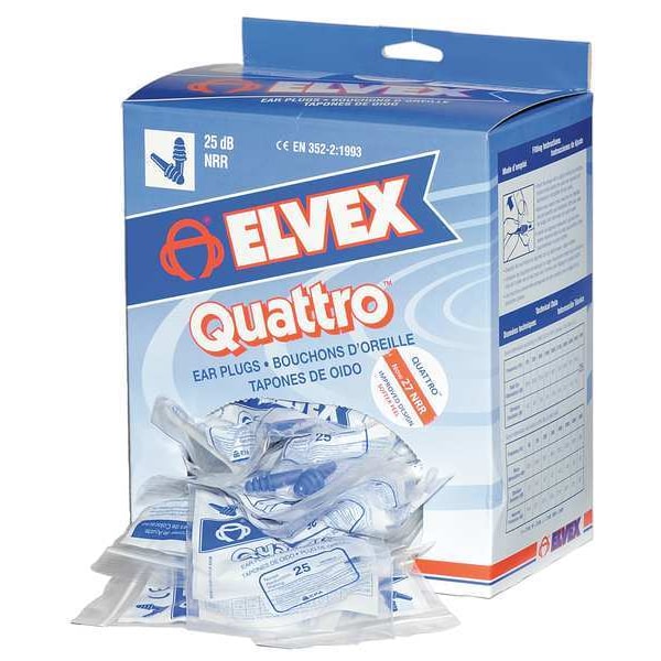 Delta Plus Quattro(TM) Reusable Rubber Vinyl Ear Plugs, Flanged Shape, 27 dB, Blue, 100 PK - EP-401