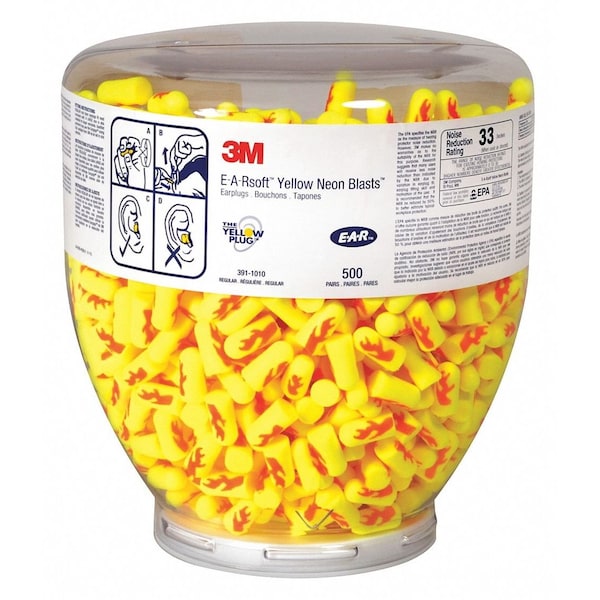 3M E-A-Rsoft Blast Ear Plugs Dispenser Refill, Bullet Shape, NRR 33 dB, Yellow, M, 500 Pairs - 91012