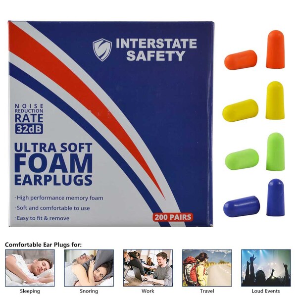 Interstate Safety Ultra-Soft Foam Earplugs, 32dB Highest NRR - 4 Assorted Colors, PK 200 - 40205